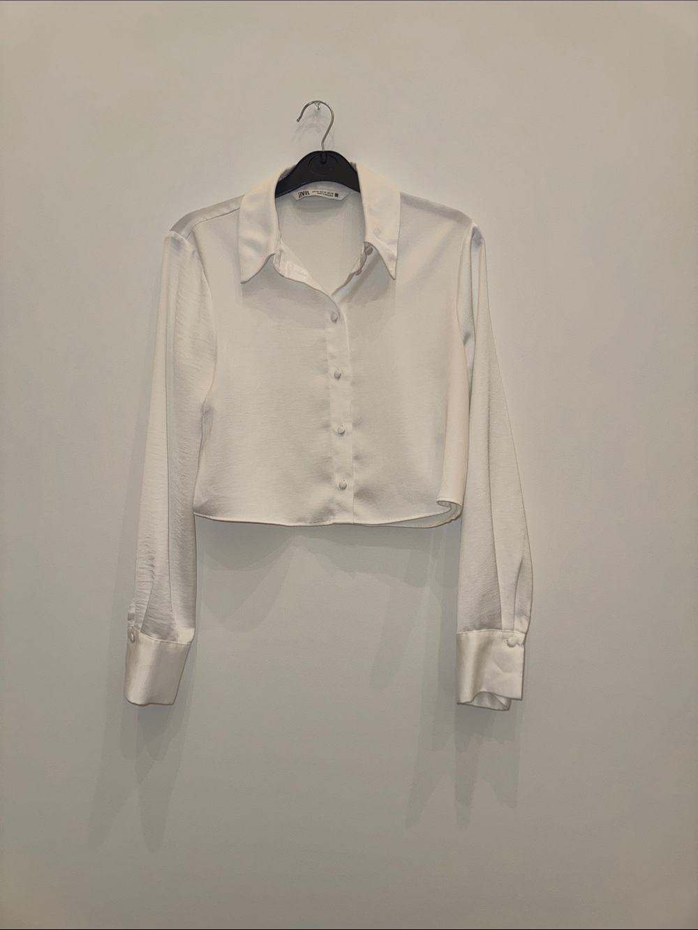 ZARA Cropped Satin Collar Button-Front Shirt in White